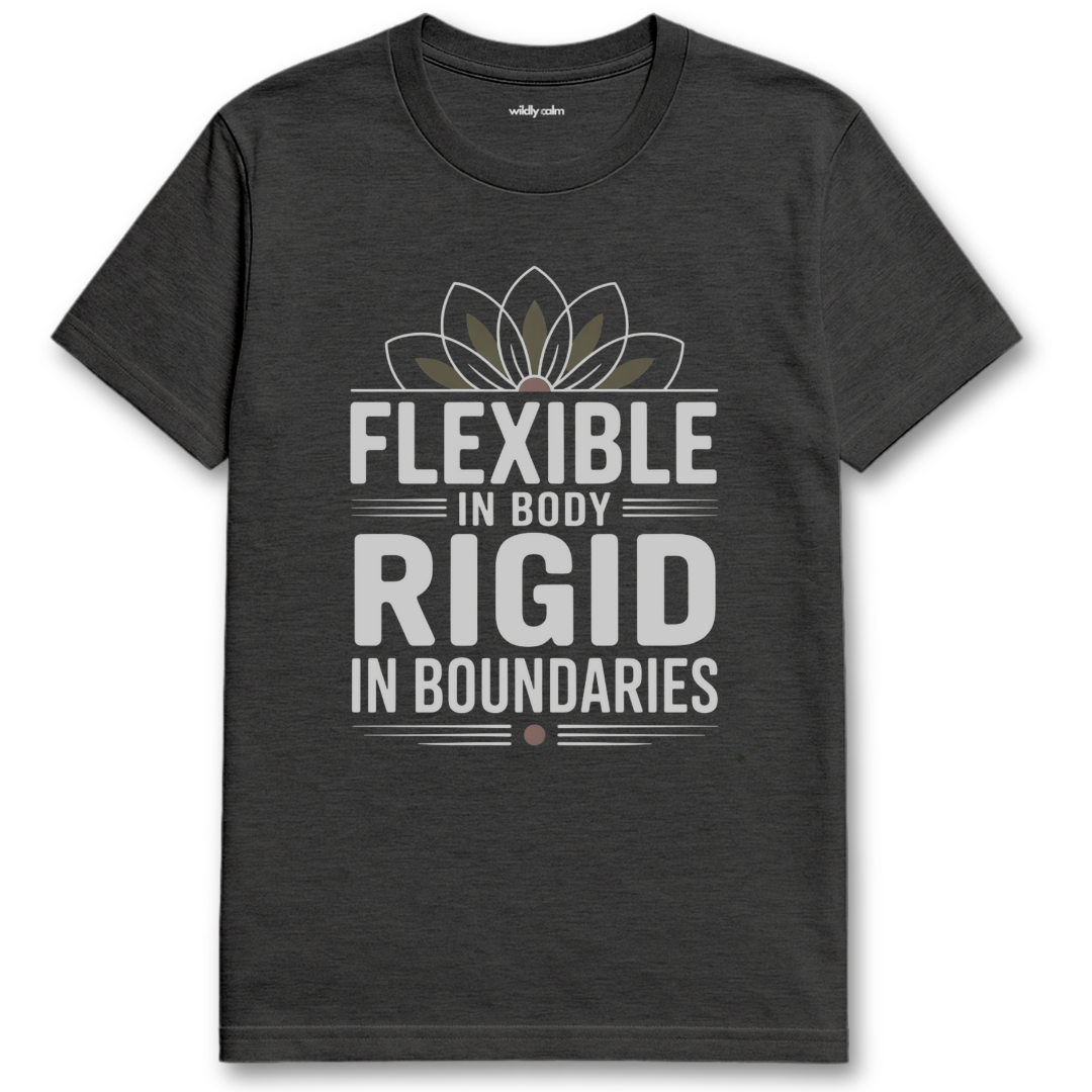 Flexible In Body heather dark grey yoga t-shirt with white text and a flower design wildly calm