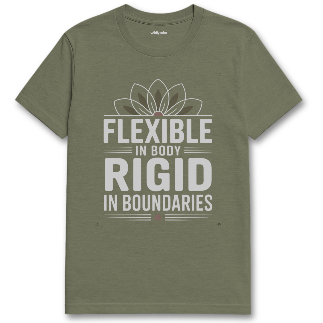Flexible In Body heather military green yoga t-shirt with white text and a flower design wildly calm