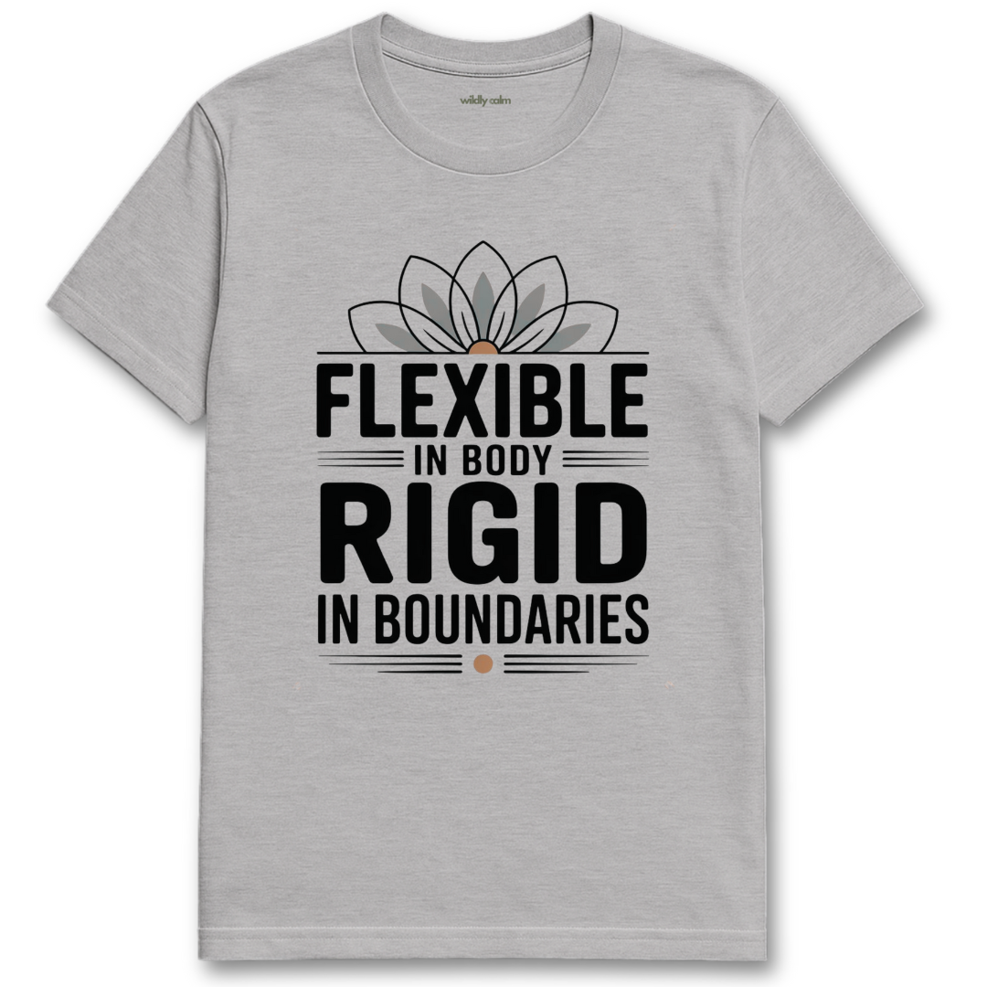 Flexible In Body sports grey yoga t-shirt with white text and a flower design wildly calm