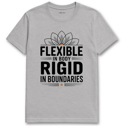 Flexible In Body sports grey yoga t-shirt with white text and a flower design wildly calm