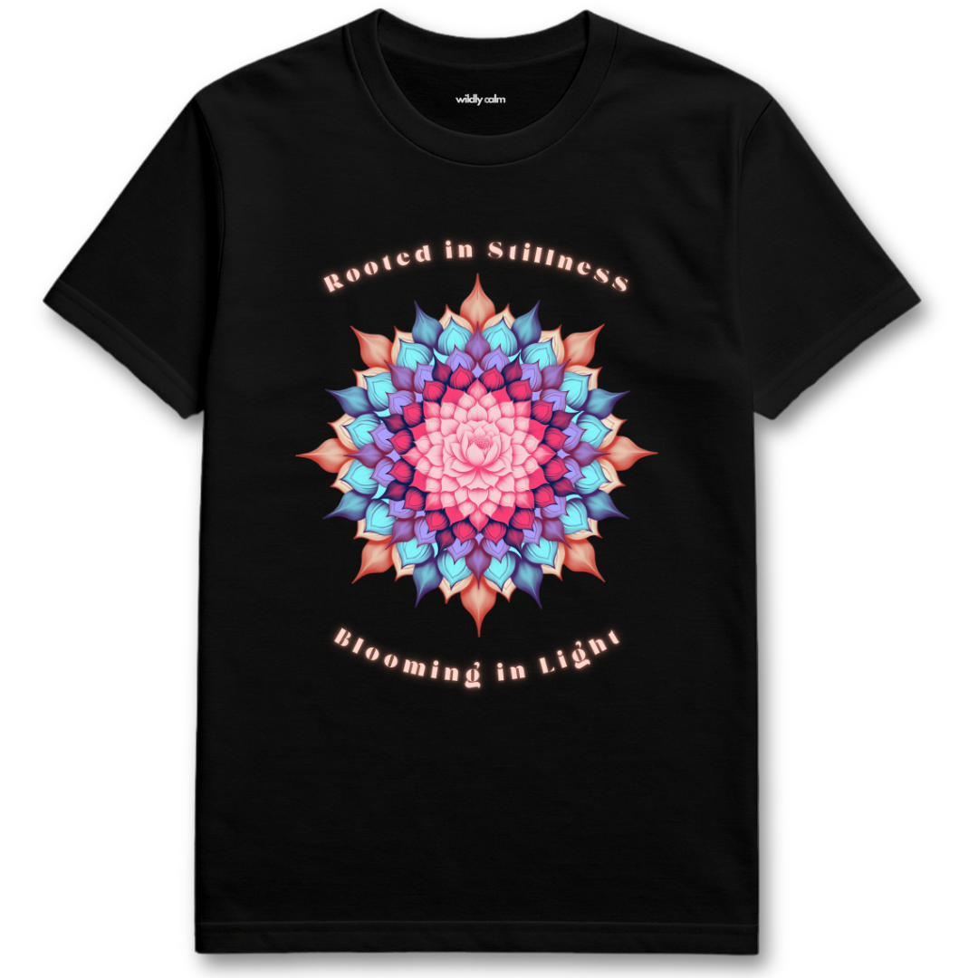 Rooted in Stillness Lotus Black t-shirt with a colorful mandala design and text for Yoga - Wildly Calm
