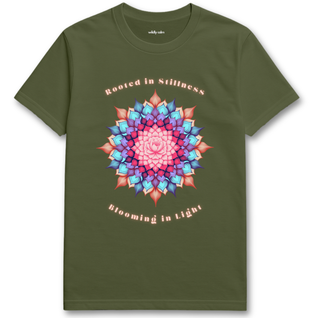 Rooted in Stillness Lotus Military Green t-shirt with a colorful mandala design and text for Yoga - Wildly Calm