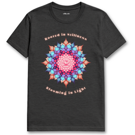Rooted in Stillness Lotus Dark Heather Grey t-shirt with a colorful mandala design and text for Yoga - Wildly Calm