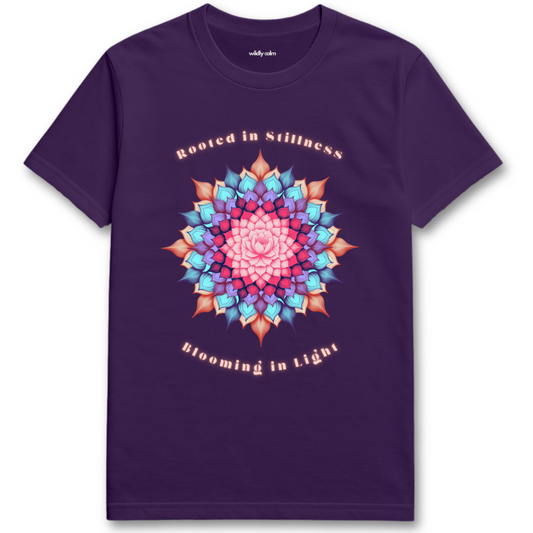 Purple Rooted in Stillness Lotus t-shirt with a colorful mandala design and text for Yoga - Wildly Calm