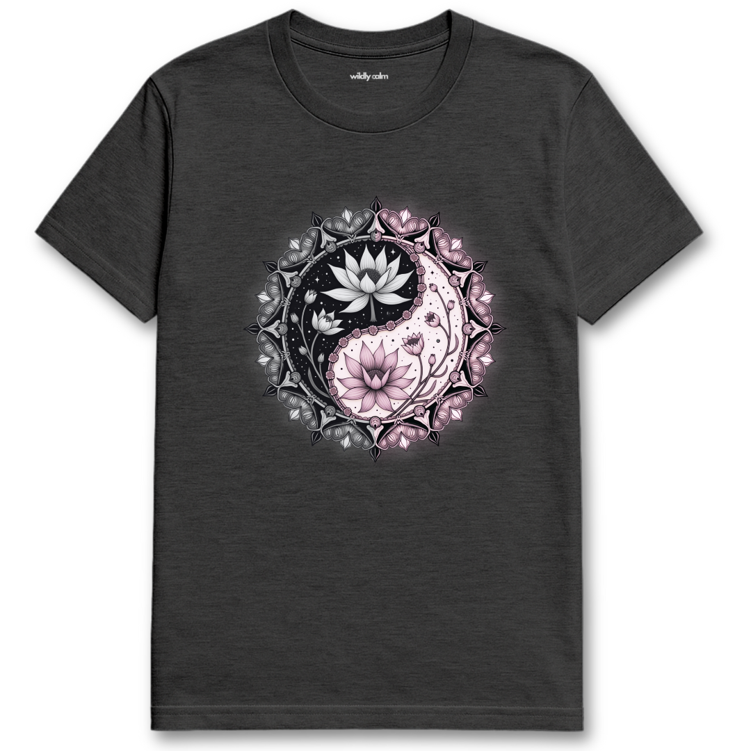 Dark Heather Grey Lotus Yin-Yang t-shirt with a floral design for Yoga - Wildly Calm