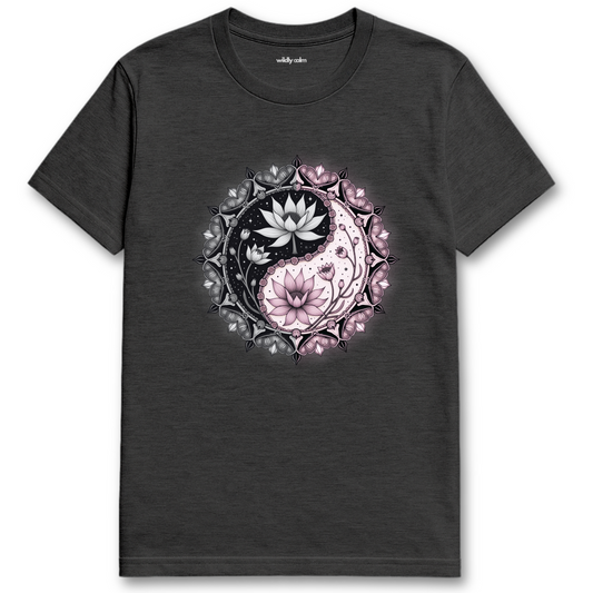 Dark Heather Grey Lotus Yin-Yang t-shirt with a floral design for Yoga - Wildly Calm