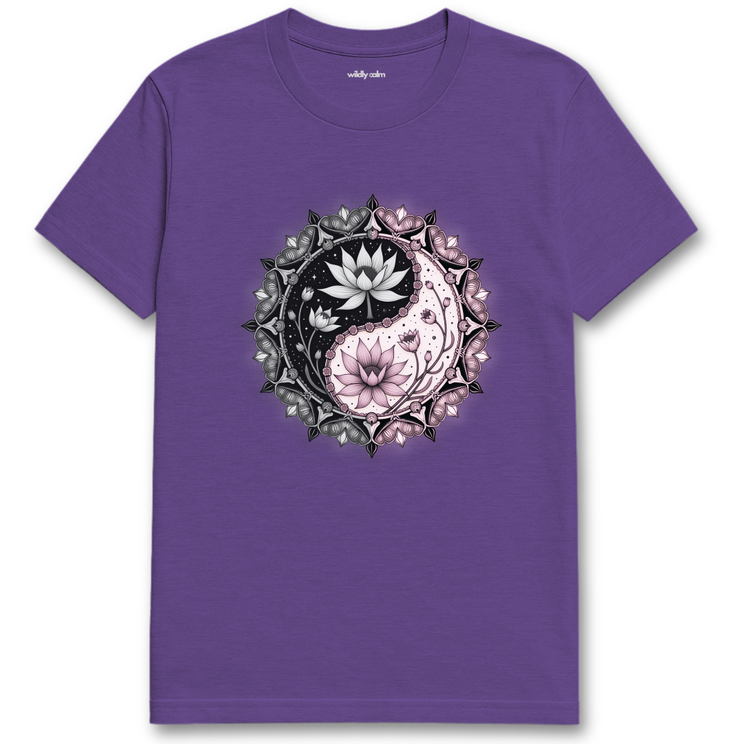 Heather Purple Lotus Yin-Yang t-shirt with a floral design for Yoga - Wildly Calm