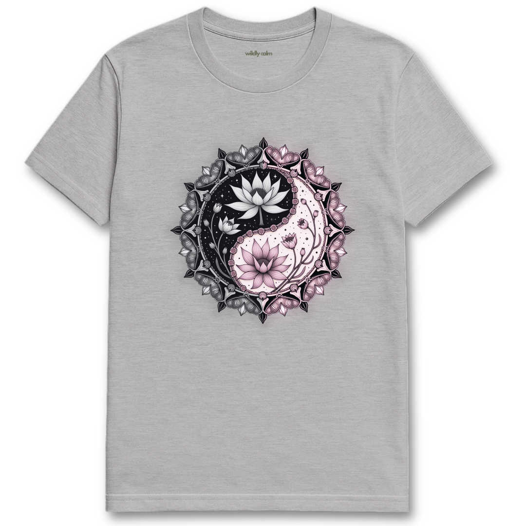 Sports Grey Lotus Yin-Yang t-shirt with a floral design for Yoga - Wildly Calm