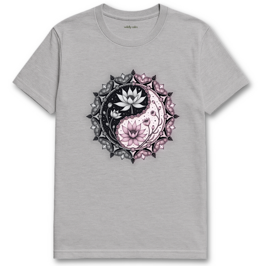 Sports Grey Lotus Yin-Yang t-shirt with a floral design for Yoga - Wildly Calm