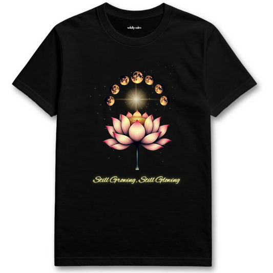 Lunar Lotus Black t-shirt with a pink lotus flower design and text for yoga - Wildly Calm