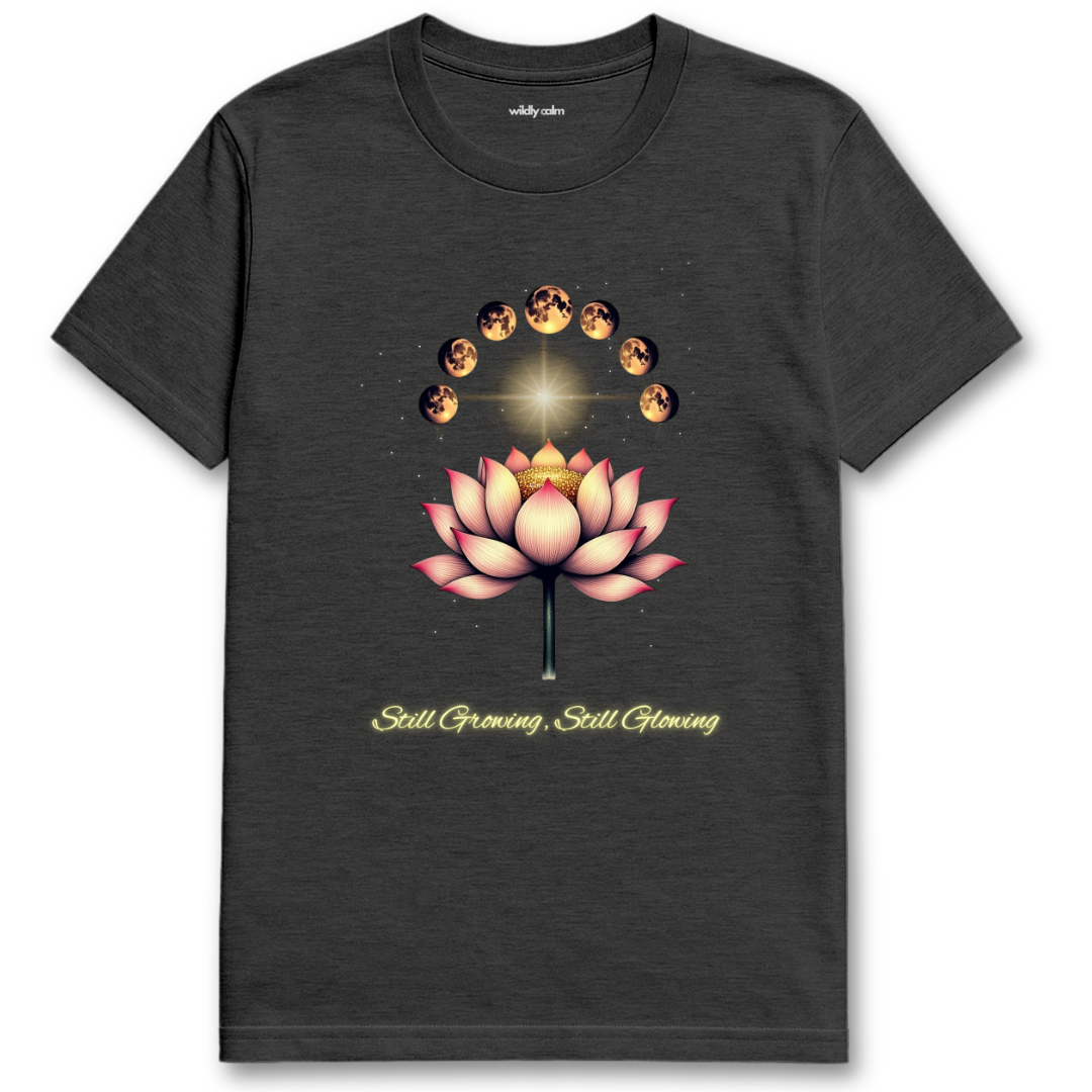 Lunar Lotus Dark Heather Grey t-shirt with a pink lotus flower design and text for yoga - Wildly Calm