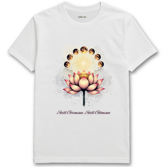 Lunar Lotus White t-shirt with a pink lotus flower design and text for yoga - Wildly Calm