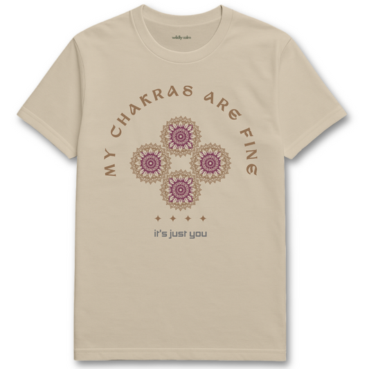 My Chakras Are Fine Sand/ Beige yoga t-shirt with chakra design and text - wildly calm