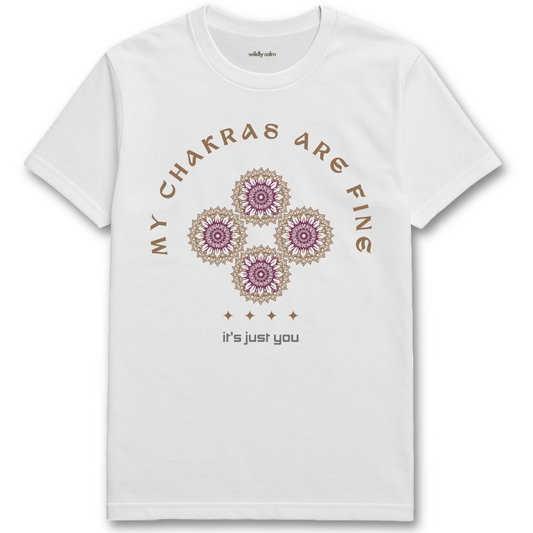 My Chakras Are Fine white yoga t-shirt with chakra design and text - wildly calm