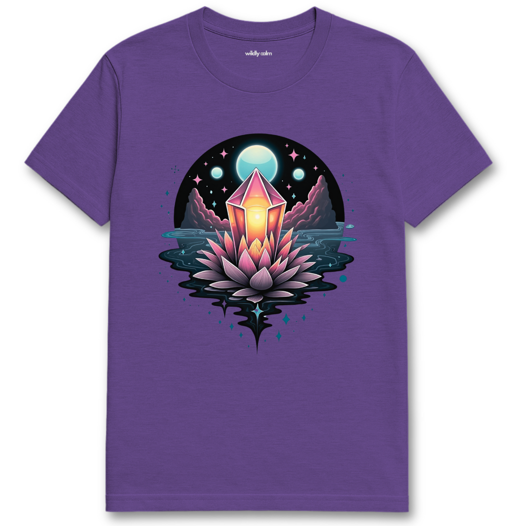 Mystical Crystal Heather Purple t-shirt with a mystical design featuring a crystal and lotus flower - wildly calm