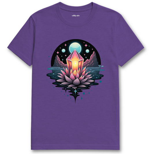 Mystical Crystal Heather Purple t-shirt with a mystical design featuring a crystal and lotus flower - wildly calm