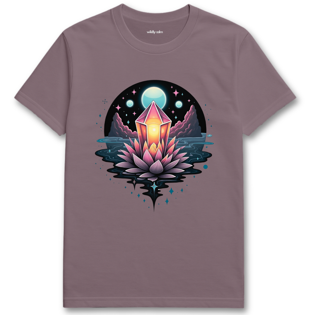 Mystical Crystal paragon t-shirt with a mystical design featuring a crystal and lotus flower - wildly calm