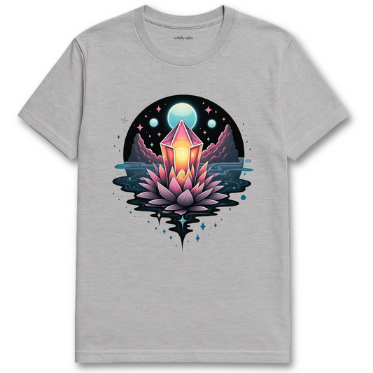 Mystical Crystal sports grey t-shirt with a mystical design featuring a crystal and lotus flower - wildly calm