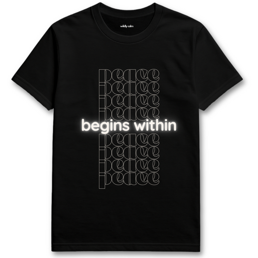 Peace Begins within Black yoga t-shirt with 'peace begins within' text design on a white background - Wildly Calm
