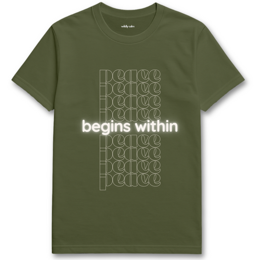 Peace Begins within Military Green yoga t-shirt with 'peace begins within' text design on a white background - Wildly Calm
