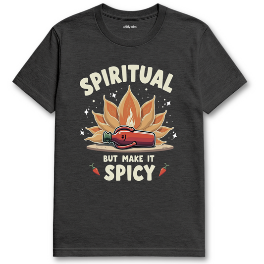 Wildly Calm Heather Dark Grey yoga t-shirt with a graphic design and text 'Spiritual But Make It Spicy' on a white background