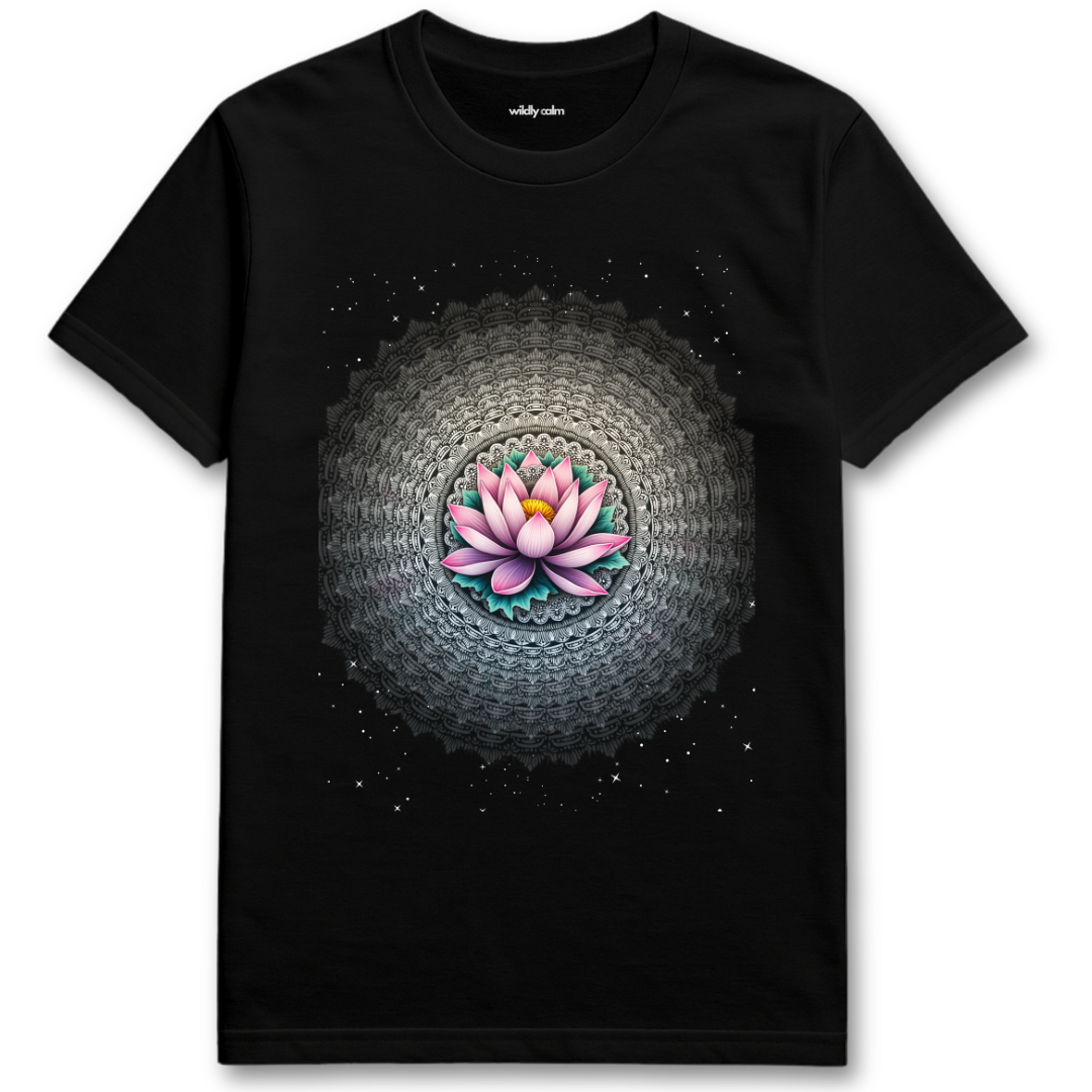 Black Starry Lotus blue t-shirt with a pink lotus flower design for Yoga - Wildly Calm