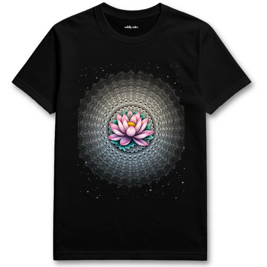 Black Starry Lotus blue t-shirt with a pink lotus flower design for Yoga - Wildly Calm