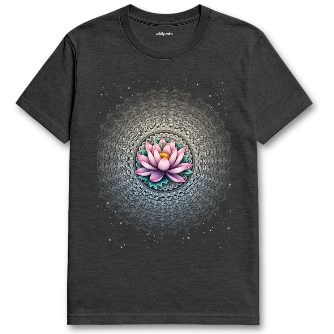 Heather Dark Grey Starry Lotus blue t-shirt with a pink lotus flower design for Yoga - Wildly Calm