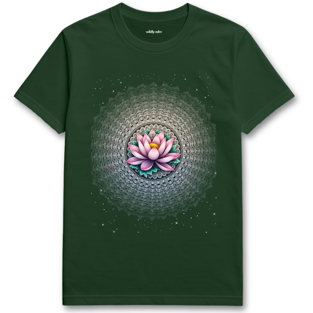 Forest Green Starry Lotus blue t-shirt with a pink lotus flower design for Yoga - Wildly Calm