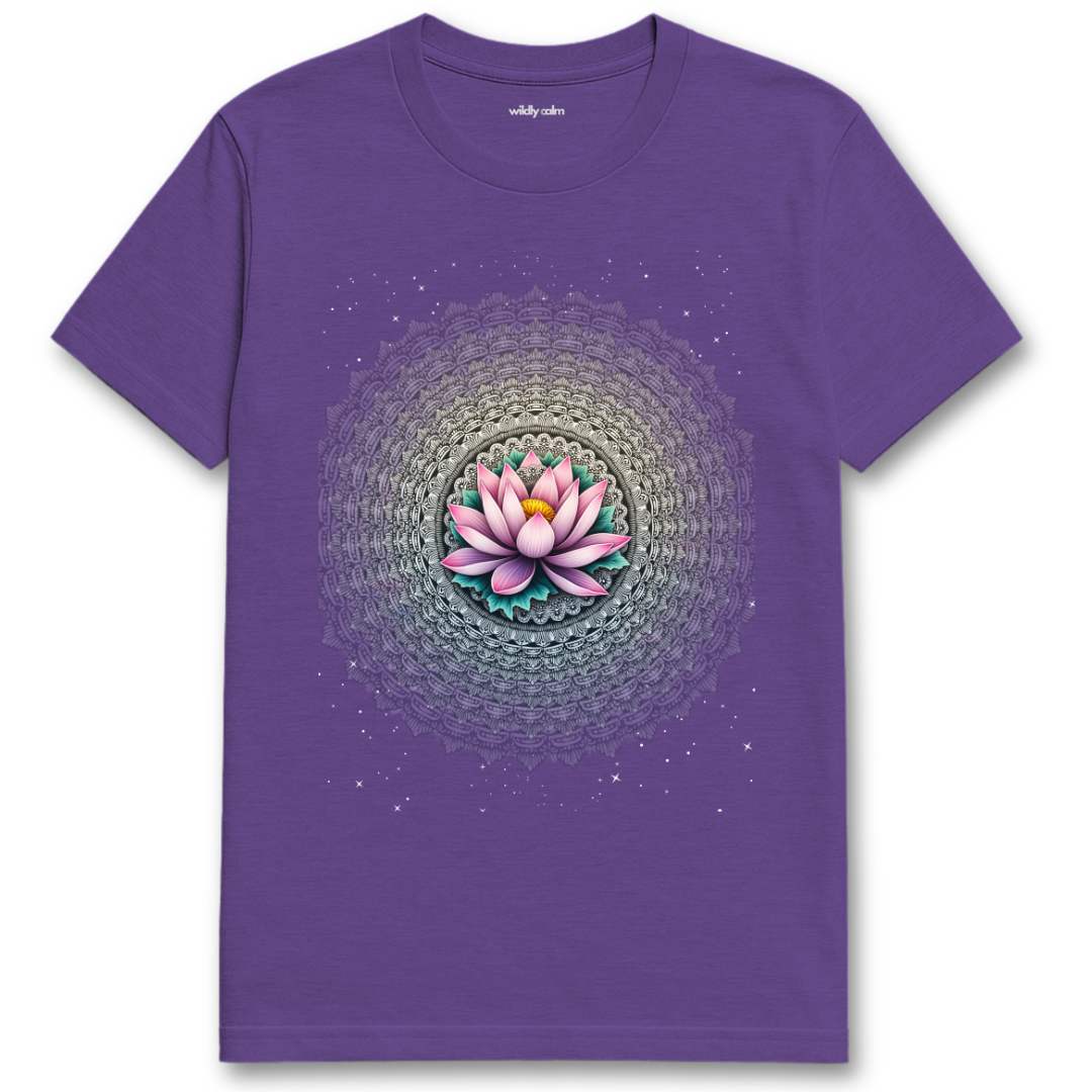 Heather Purple Starry Lotus blue t-shirt with a pink lotus flower design for Yoga - Wildly Calm