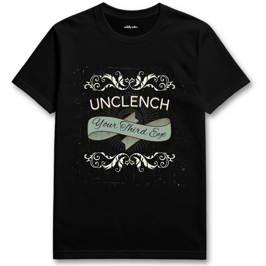 Unclenth Your Third Eye Black yoga t-shirt with decorative text and design - widlly calm