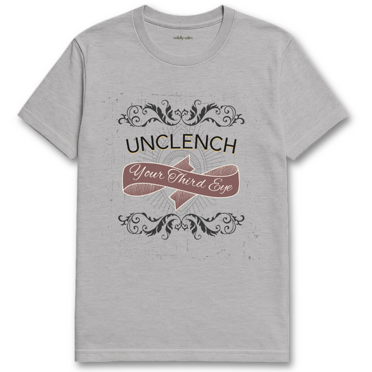 Unclenth Your Third Eye sports grey yoga t-shirt with decorative text and design - widlly calm
