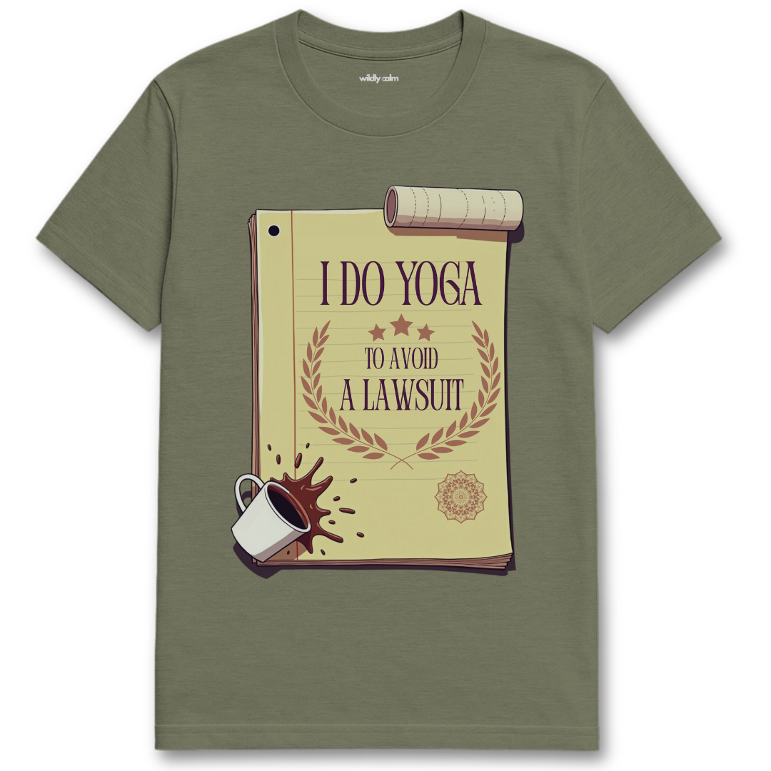 Wildly Calm Yoga Lawsuit Heather military green t-shirt with a graphic design on a white background