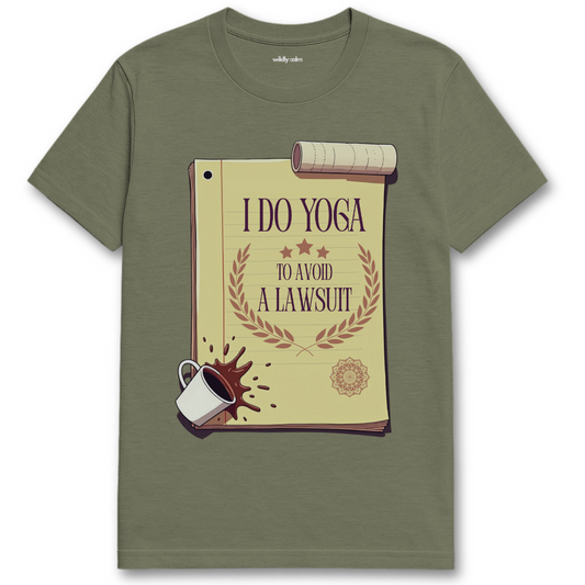 Wildly Calm Yoga Lawsuit Heather military green t-shirt with a graphic design on a white background