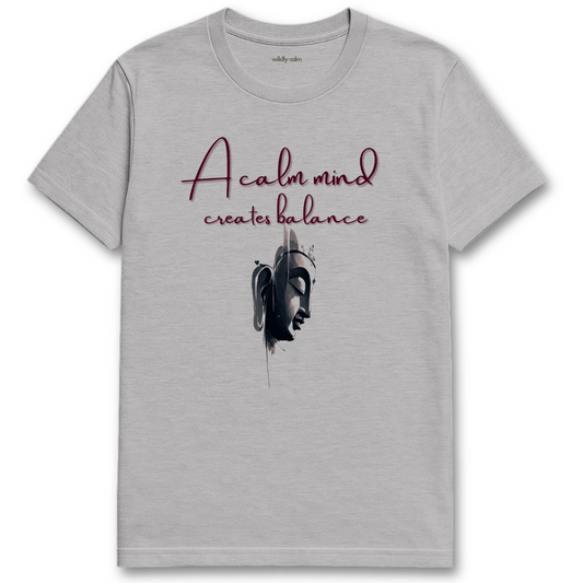 A Calm Mind Creates Balance_Sports Grey yoga t-shirt with 'A calm mind creates balance' text and abstract design -wildly calm