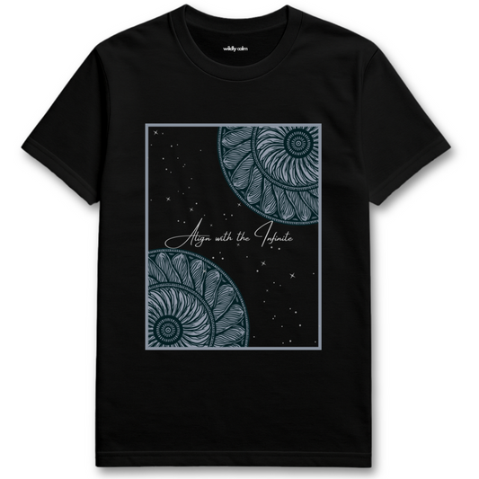 Align the Infinite Mandala Black yoga t-shirt with blue mandala design and text on a white background