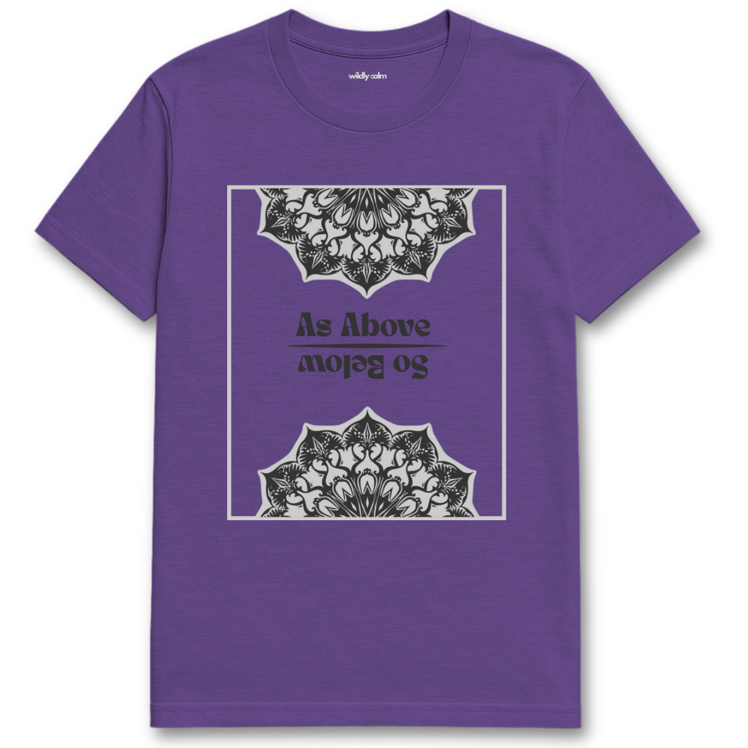 Wildly Calm_As above so below Mandala Heather purple t-shirt with black mandala designs and text on a white background