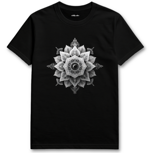 Wildly Calm_Awakening Petals Mandala Black yoga t-shirt with a geometric flower design on a white background