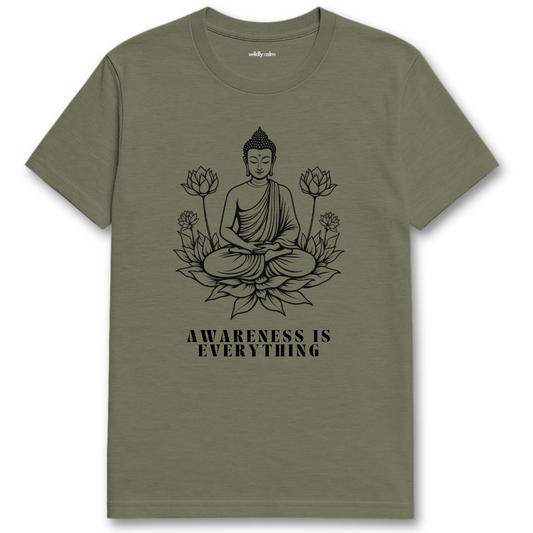 Awareness is Everything_Heather Military Green t-shirt with Buddha graphic and 'Awareness is Everything' text on a white background for yoga