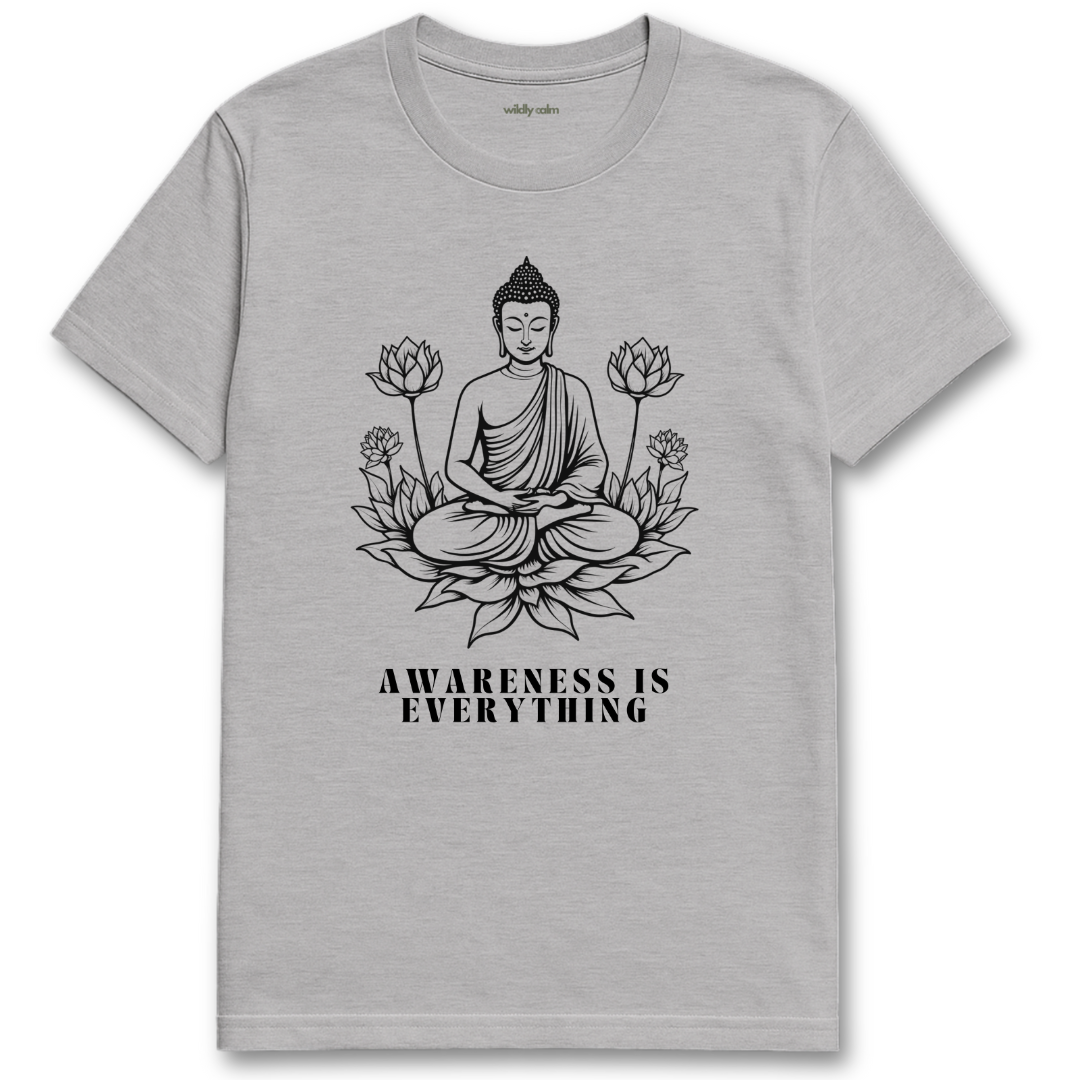 Awareness is Everything_Sports Grey t-shirt with Buddha graphic and 'Awareness is Everything' text on a white background for yoga