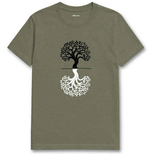 Balance Upside-Down Tree_Heather Military Greent-shirt with a tree design - wildly calm