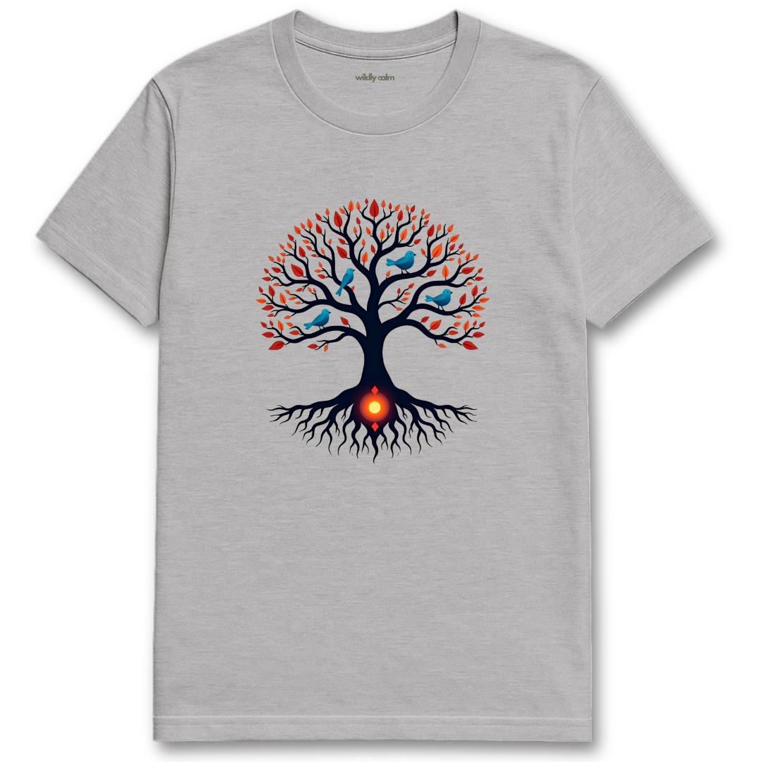 Birds In fusion Tree_Sports Grey t-shirt with a colorful tree design - wildly calm