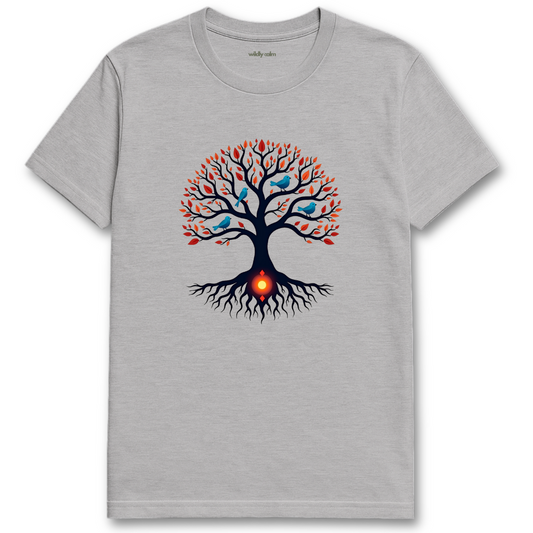 Birds In fusion Tree_Sports Grey t-shirt with a colorful tree design - wildly calm