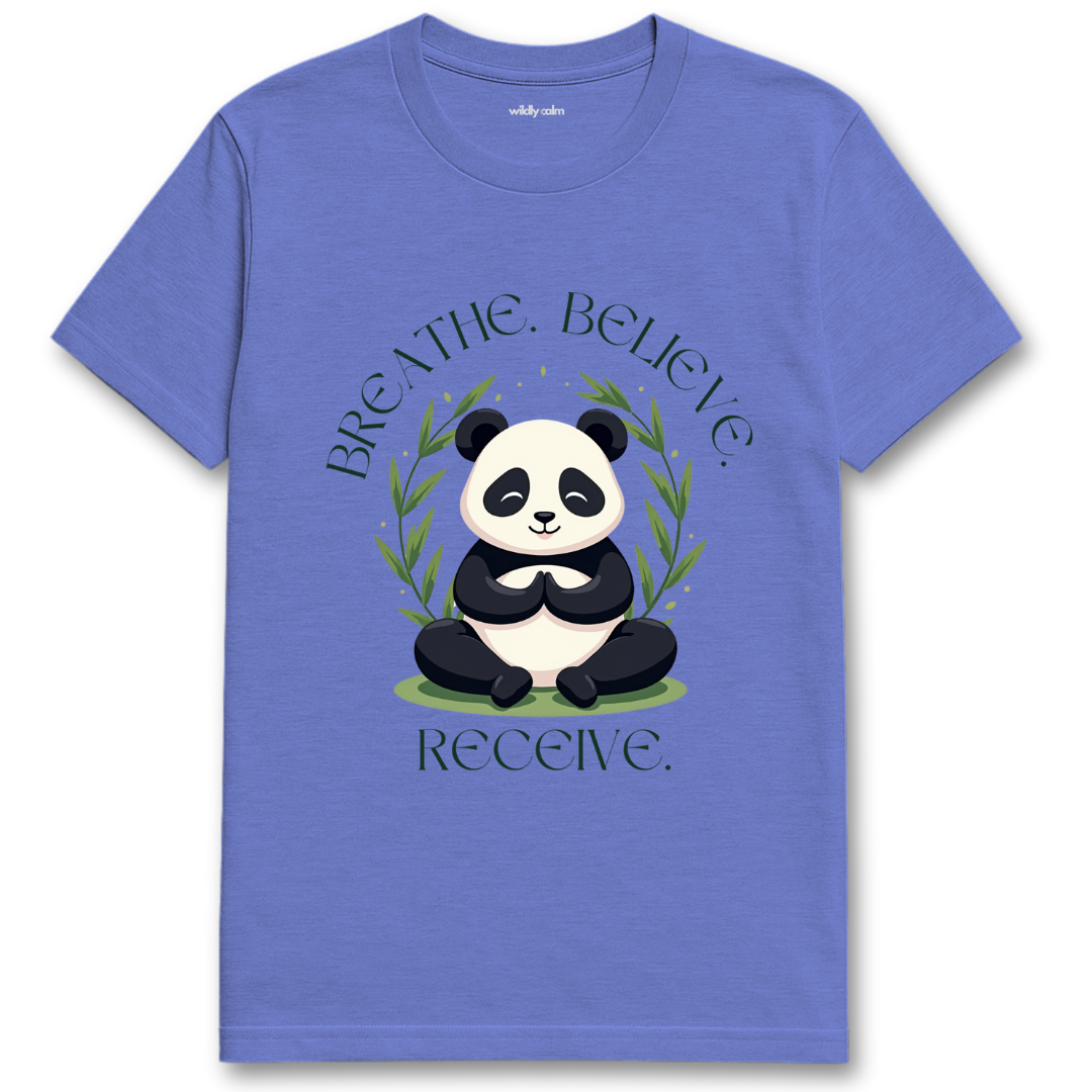 Breathe.Believe.Recieve_Heather Royal Blue yoga t-shirt with a panda graphic and motivational text - wildly calm