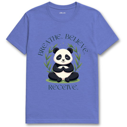 Breathe.Believe.Recieve_Heather Royal Blue yoga t-shirt with a panda graphic and motivational text - wildly calm
