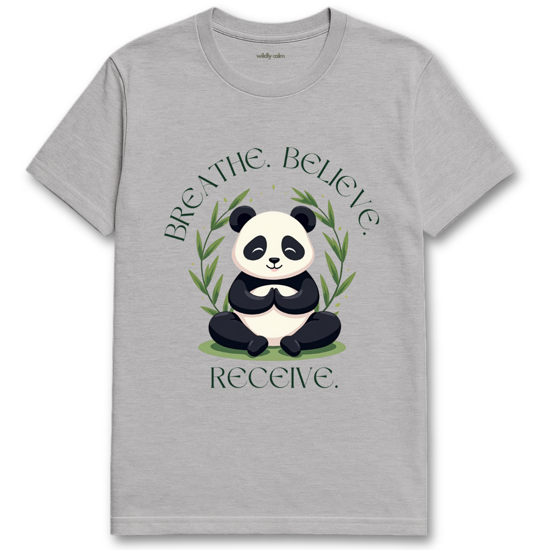 Breathe.Believe.Recieve_sports grey yoga t-shirt with a panda graphic and motivational text - wildly calm
