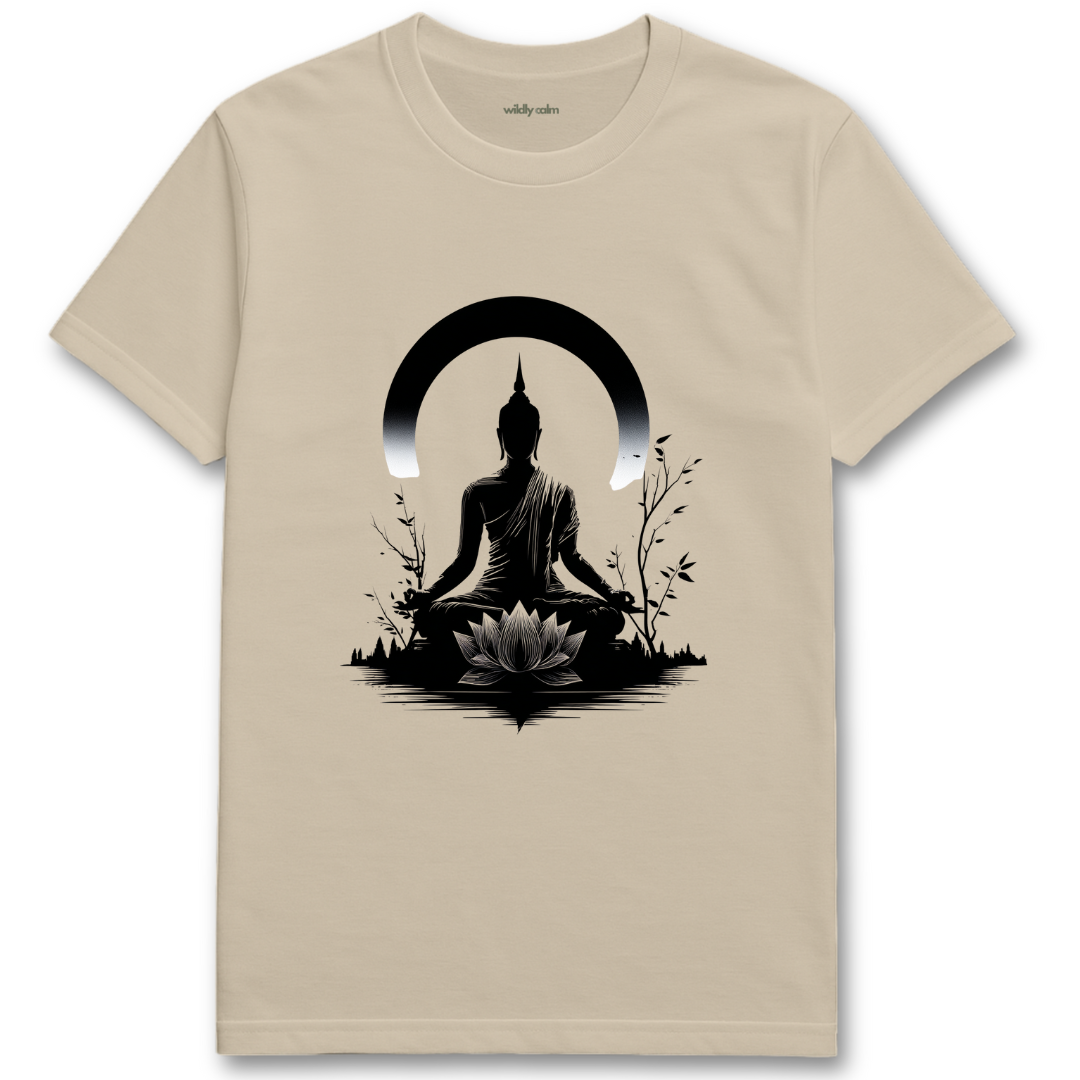 Buddha Calm Pose Sand t-shirt with black Buddha design on a white background for yoga