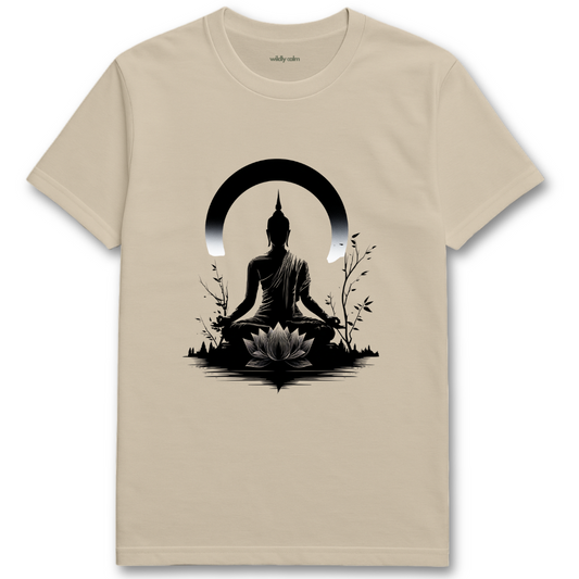 Buddha Calm Pose Sand t-shirt with black Buddha design on a white background for yoga