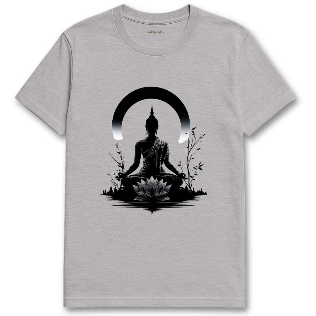 Buddha Calm Pose Sports Grey t-shirt with black Buddha design on a white background for yoga