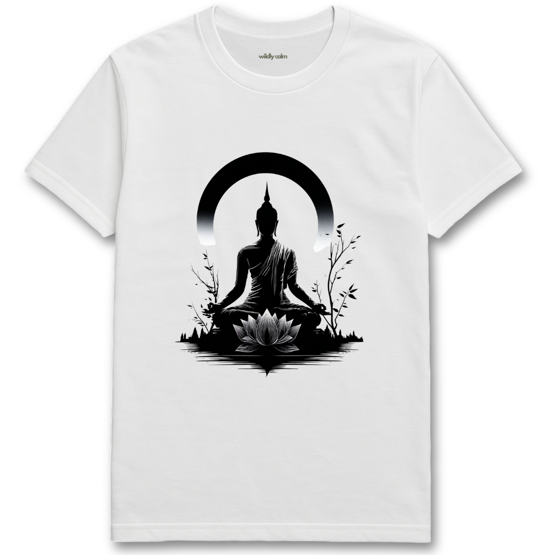 Buddha Calm Pose White t-shirt with black Buddha design on a white background for yoga